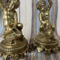 Pair Beautiful Antique Mid 1800s Polished Brass Candlesticks Classical Cherubs