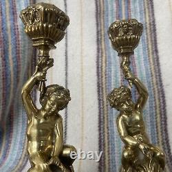 Pair Beautiful Antique Mid 1800s Polished Brass Candlesticks Classical Cherubs