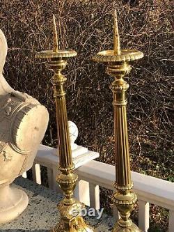 Pair of Antique French Grand Scale Brass Prickett Sticks 19th Century