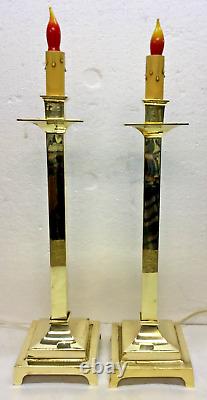 Pair of Antique Polished Brass Candlestick Lamps, Square, Alter