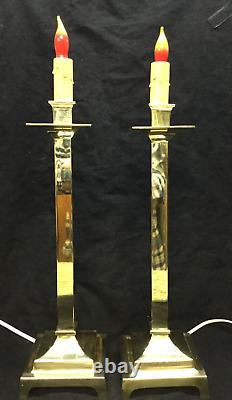 Pair of Antique Polished Brass Candlestick Lamps, Square, Alter