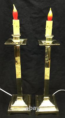 Pair of Antique Polished Brass Candlestick Lamps, Square, Alter