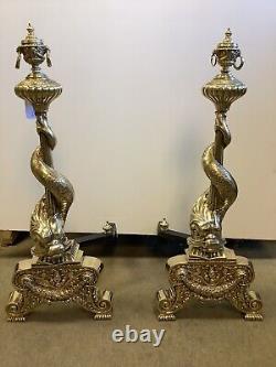Pair of Brass Sea Creature/Dolphin Andirons 28 1/4 H 11 W