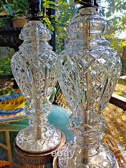 Polish Crystal Urn Style Lamps Pair Vintage Cutwork Bases