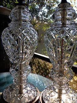 Polish Crystal Urn Style Lamps Pair Vintage Cutwork Bases