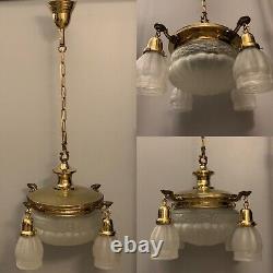 Polished Brass Chandelier fixture Five light Frosted Matching shades BM
