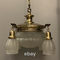 Polished Brass Chandelier fixture Five light Frosted Matching shades BM