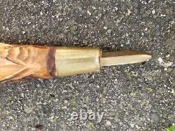 RARE Polish Antique Hand Carved Face Eagles Walking Stick Cane Brass Axe Ciupaga