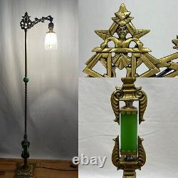 RESTORED Antique Vtg Art Deco Bridge Floor Lamp Houze Green Jadeite Glass, Brass