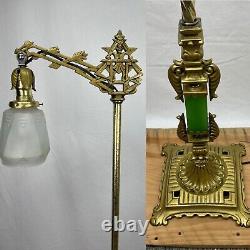 RESTORED Antique Vtg Art Deco Bridge Floor Lamp Houze Green Jadeite Glass, Brass