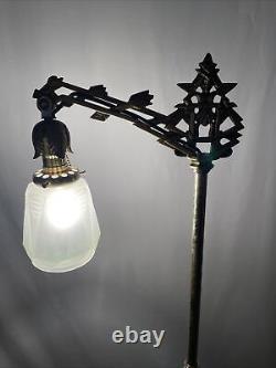 RESTORED Antique Vtg Art Deco Bridge Floor Lamp Houze Green Jadeite Glass, Brass