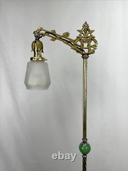 RESTORED Antique Vtg Art Deco Bridge Floor Lamp Houze Green Jadeite Glass, Brass