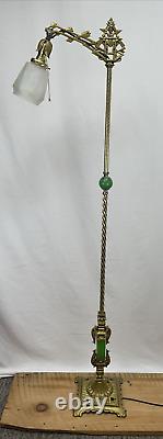 RESTORED Antique Vtg Art Deco Bridge Floor Lamp Houze Green Jadeite Glass, Brass