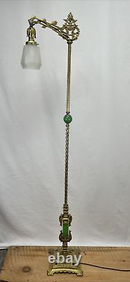 RESTORED Antique Vtg Art Deco Bridge Floor Lamp Houze Green Jadeite Glass, Brass