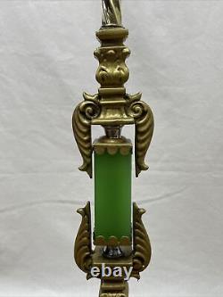 RESTORED Antique Vtg Art Deco Bridge Floor Lamp Houze Green Jadeite Glass, Brass