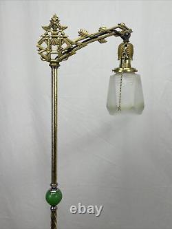 RESTORED Antique Vtg Art Deco Bridge Floor Lamp Houze Green Jadeite Glass, Brass