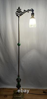 RESTORED Antique Vtg Art Deco Bridge Floor Lamp Houze Green Jadeite Glass, Brass