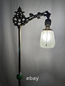 RESTORED Antique Vtg Art Deco Bridge Floor Lamp Houze Green Jadeite Glass, Brass