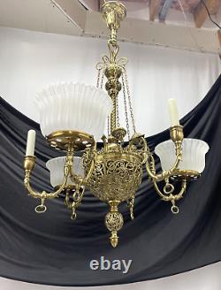 RESTORED Antique Vtg Victorian Art Nouveau Brass Chandelier Gasolier Deco Ornate