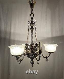 RESTORED Antique Vtg Victorian Art Nouveau Brass Chandelier Gasolier Deco Ornate