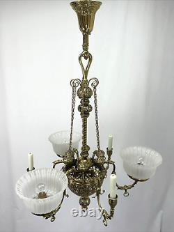 RESTORED Antique Vtg Victorian Art Nouveau Brass Chandelier Gasolier Deco Ornate