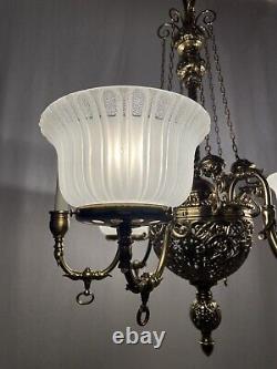 RESTORED Antique Vtg Victorian Art Nouveau Brass Chandelier Gasolier Deco Ornate