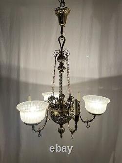 RESTORED Antique Vtg Victorian Art Nouveau Brass Chandelier Gasolier Deco Ornate