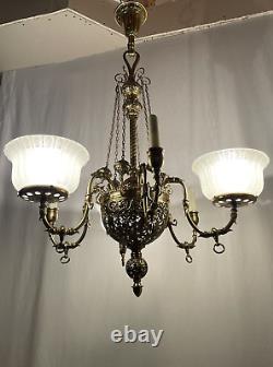 RESTORED Antique Vtg Victorian Art Nouveau Brass Chandelier Gasolier Deco Ornate