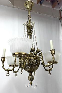 RESTORED Antique Vtg Victorian Art Nouveau Brass Chandelier Gasolier Deco Ornate