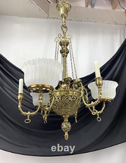 RESTORED Antique Vtg Victorian Art Nouveau Brass Chandelier Gasolier Deco Ornate