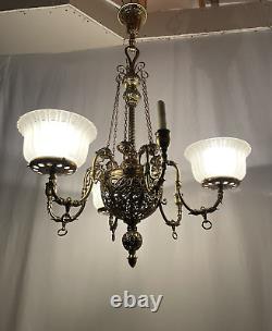 RESTORED Antique Vtg Victorian Art Nouveau Brass Chandelier Gasolier Deco Ornate