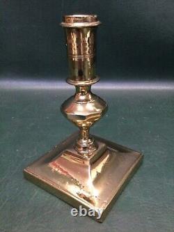 Rare 17th C Spanish Brass Candlestick Bold Shaft Square Base Old Polished Patina