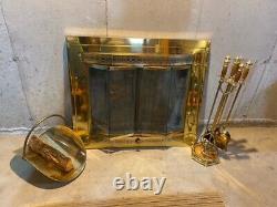 Sears Bay-view Polished Brass Glass Door Firescreen, acc, & ceramic gas log set