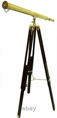 Shiny Polished Brass Master Telescope with WoodenTripod Stand Floor Standing