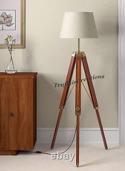 Tripod Floor Lamp Standing Wooden Brown Polished Brass Antique Gold Adjustable