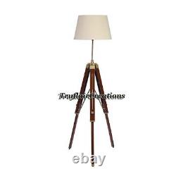 Tripod Floor Lamp Standing Wooden Brown Polished Brass Antique Gold Adjustable
