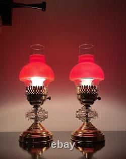 VTG Pair (2) Desk Brass Gold Hurricane RED Glass Shade Crystal Glass Rare Set
