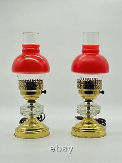 VTG Pair (2) Desk Brass Gold Hurricane RED Glass Shade Crystal Glass Rare Set