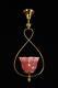 Victorian Gas Style Polished Brass Cranberry Swirl Glass Ceiling Pendant