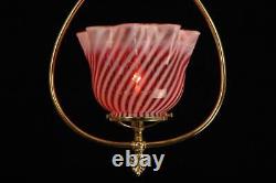 Victorian Gas Style Polished Brass Cranberry Swirl Glass Ceiling Pendant