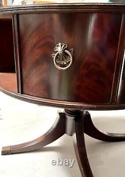 Vintage Duncan Phyfe Mahogany Inlaid Drum Library Table Brass Ft & Pulls