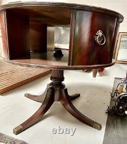 Vintage Duncan Phyfe Mahogany Inlaid Drum Library Table Brass Ft & Pulls