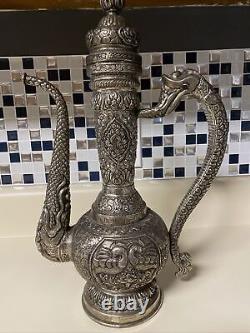 Vintage Indian Handicraft Antique Silver Polished Brass King Surahi Jug Aftaba