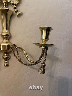 Vintage Pair of Brass Double Arm Ribbons Bow Tassel Candle Holder Wall Sconce