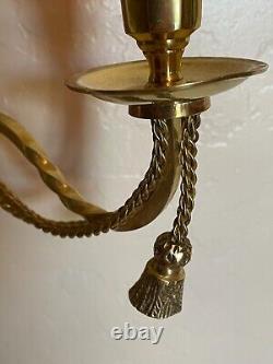 Vintage Pair of Brass Double Arm Ribbons Bow Tassel Candle Holder Wall Sconce