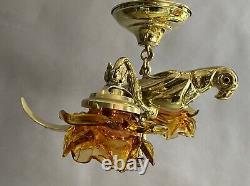 Vintage Polished Brass Jeweled Hanging Parrot Chandelier with Pink/Amber Shades