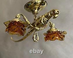 Vintage Polished Brass Jeweled Hanging Parrot Chandelier with Pink/Amber Shades