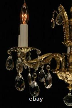 Vintage Restored European Polished Brass & Crystal 5 Arm Chandelier
