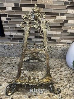 Vintage Rococo Revival Style Polished Brass Table Display Easel 15 H Ornate