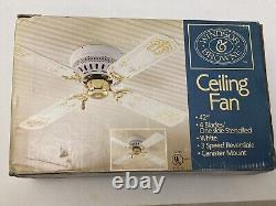 Vintage Windsor & Browne Brass Ceiling Fan Old New Stock White Stencilled Blades